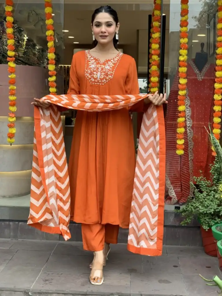 Embroidered Orange Kurta Set with Dupatta