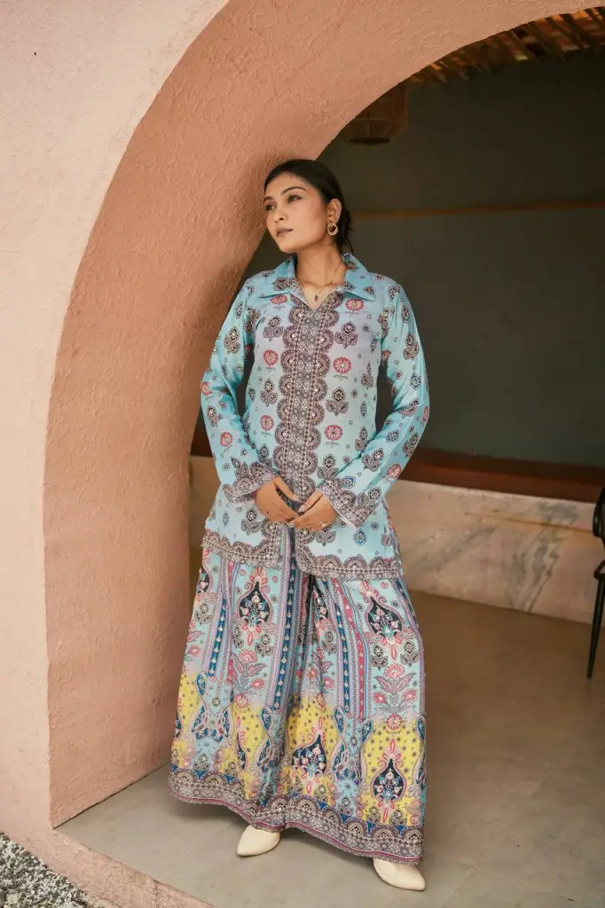 Multicolor Chinon Silk Co-ord Set with Digital Print