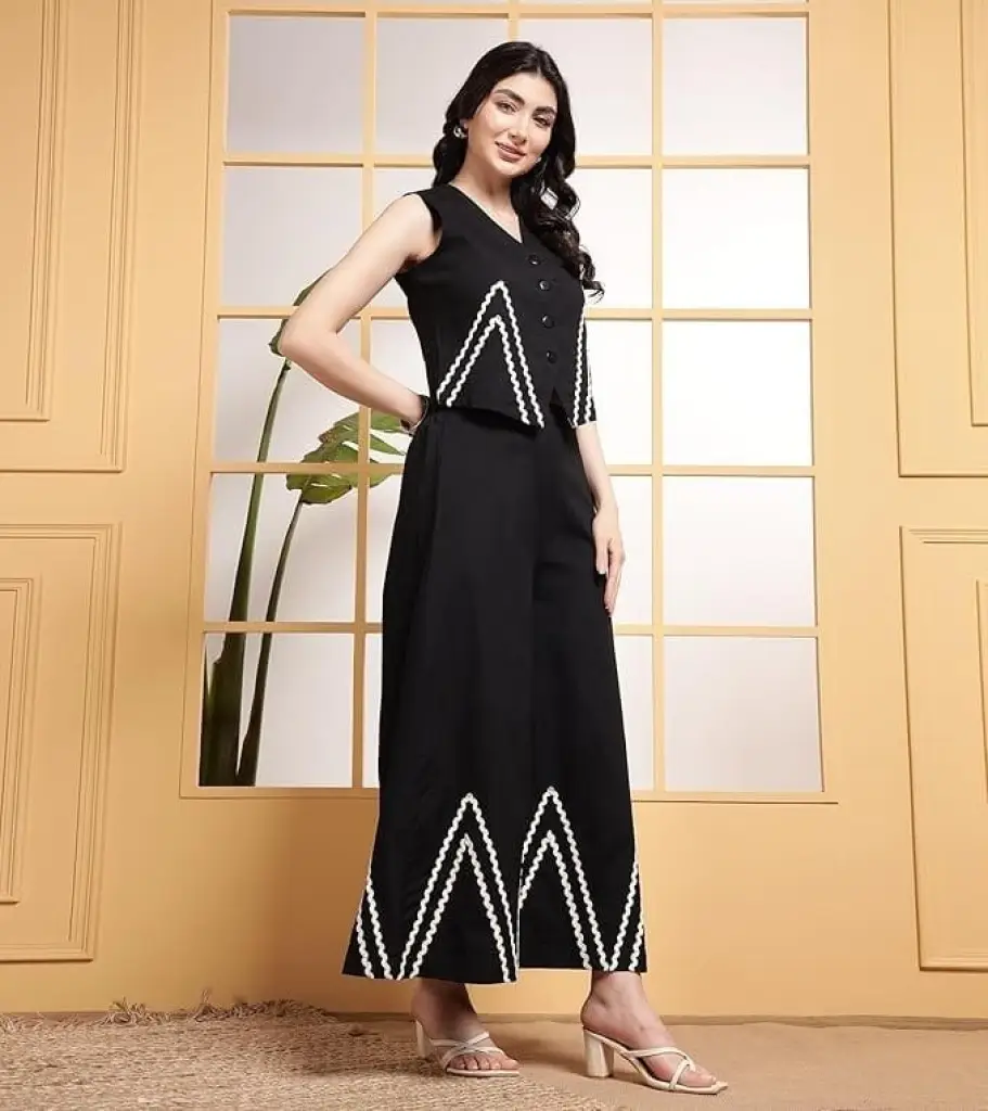 Elegant Black Co-ord Set with White Zigzag Lace