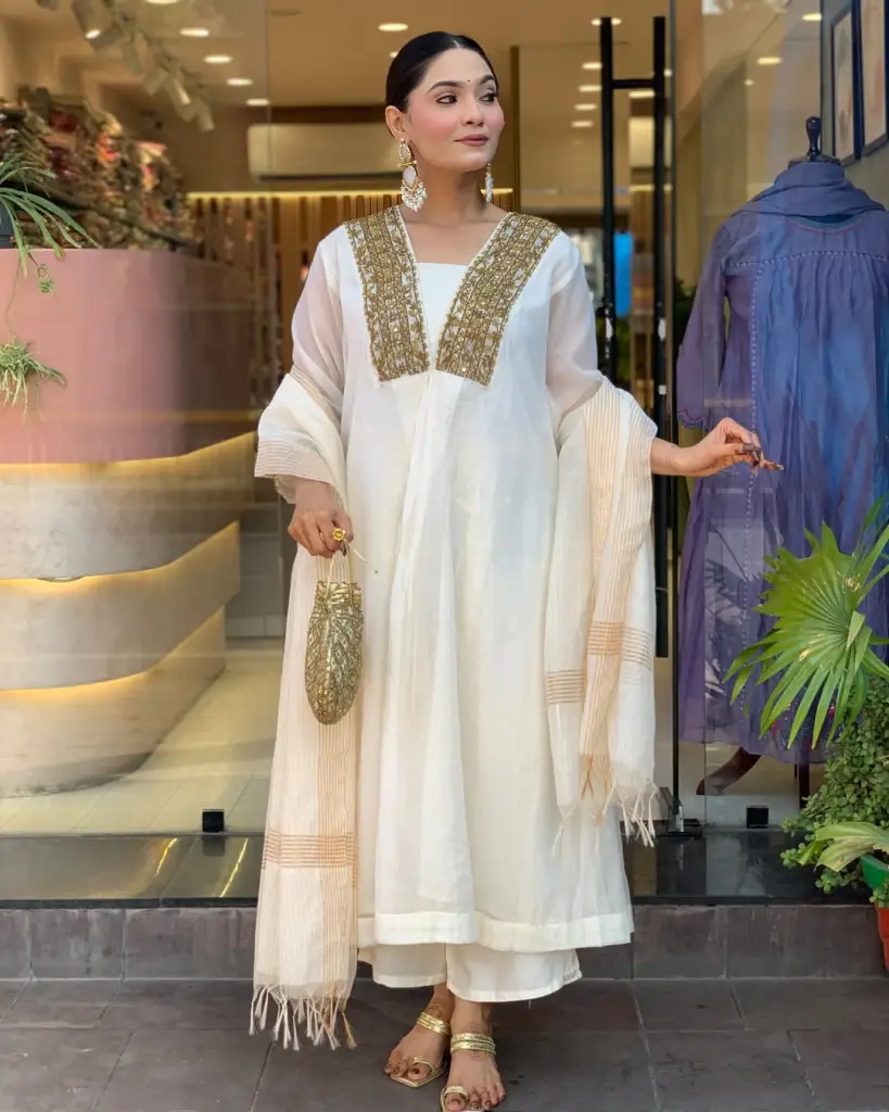 Elegant Chanderi Suit Set with Cotton Pant