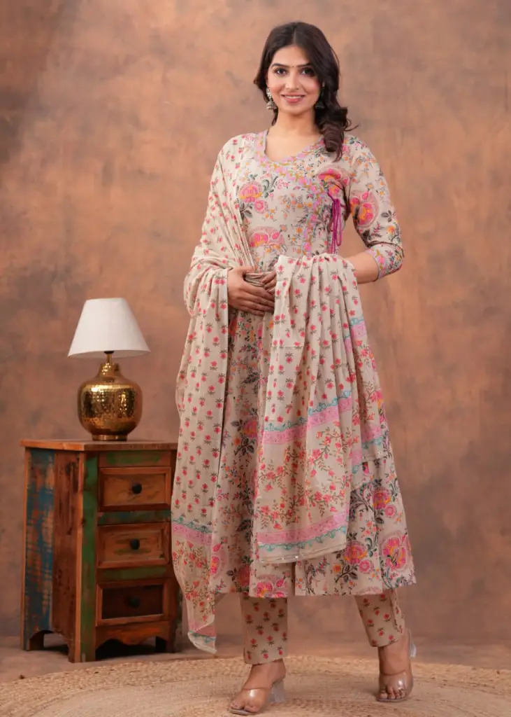 Multicolor Block Print Cotton Full Flair Anarkali set 