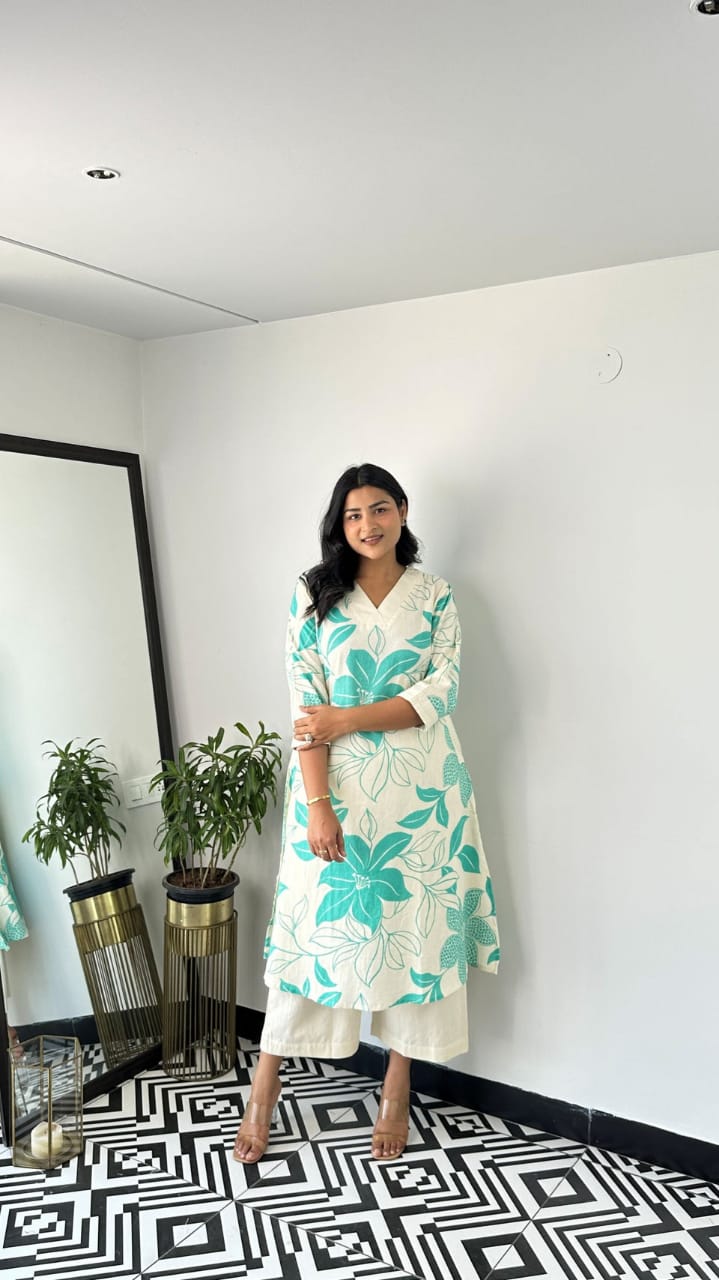 Women’s White Cotton Kurta Set with Teal Floral Print