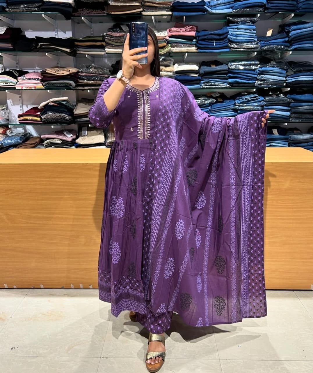 Royal Violet Cotton Anarkali Kurta Set with embroidery work.
