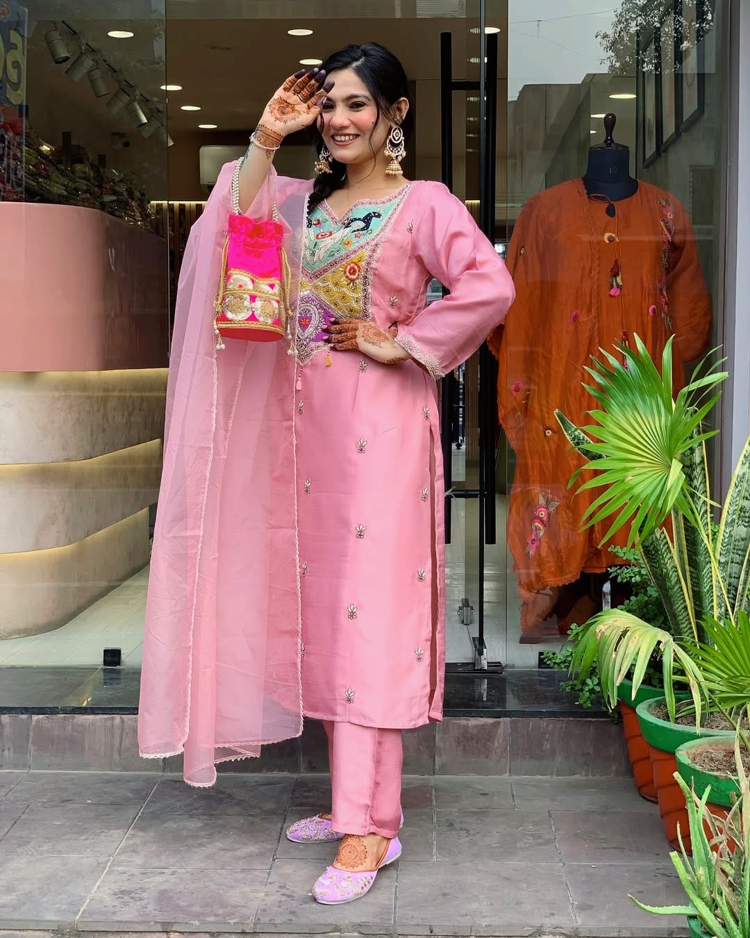 Embroidered Pink Festive Cotton Suit Set