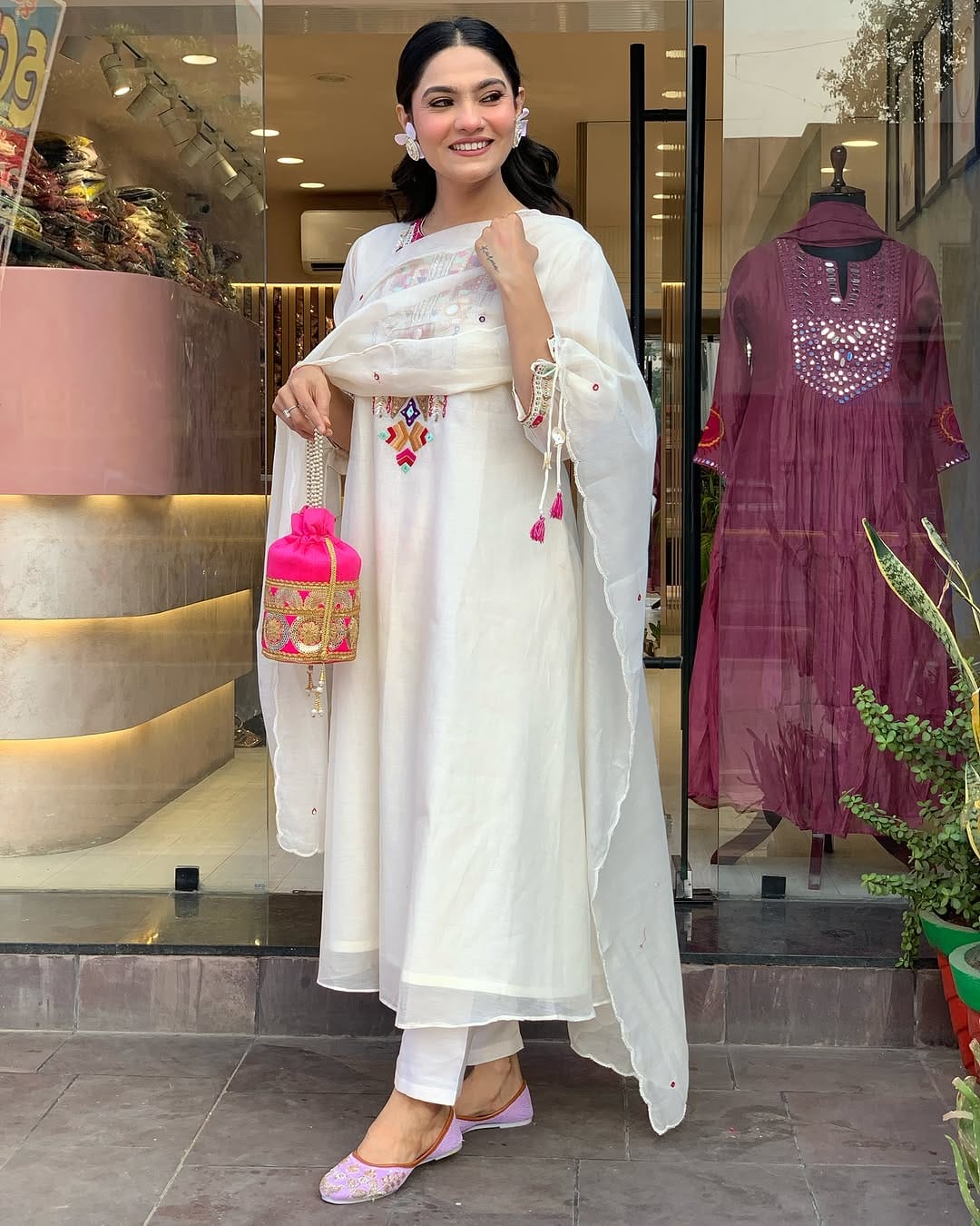 Elegant Whiteand blue  Cotton Suit with Multicolor Embroidery