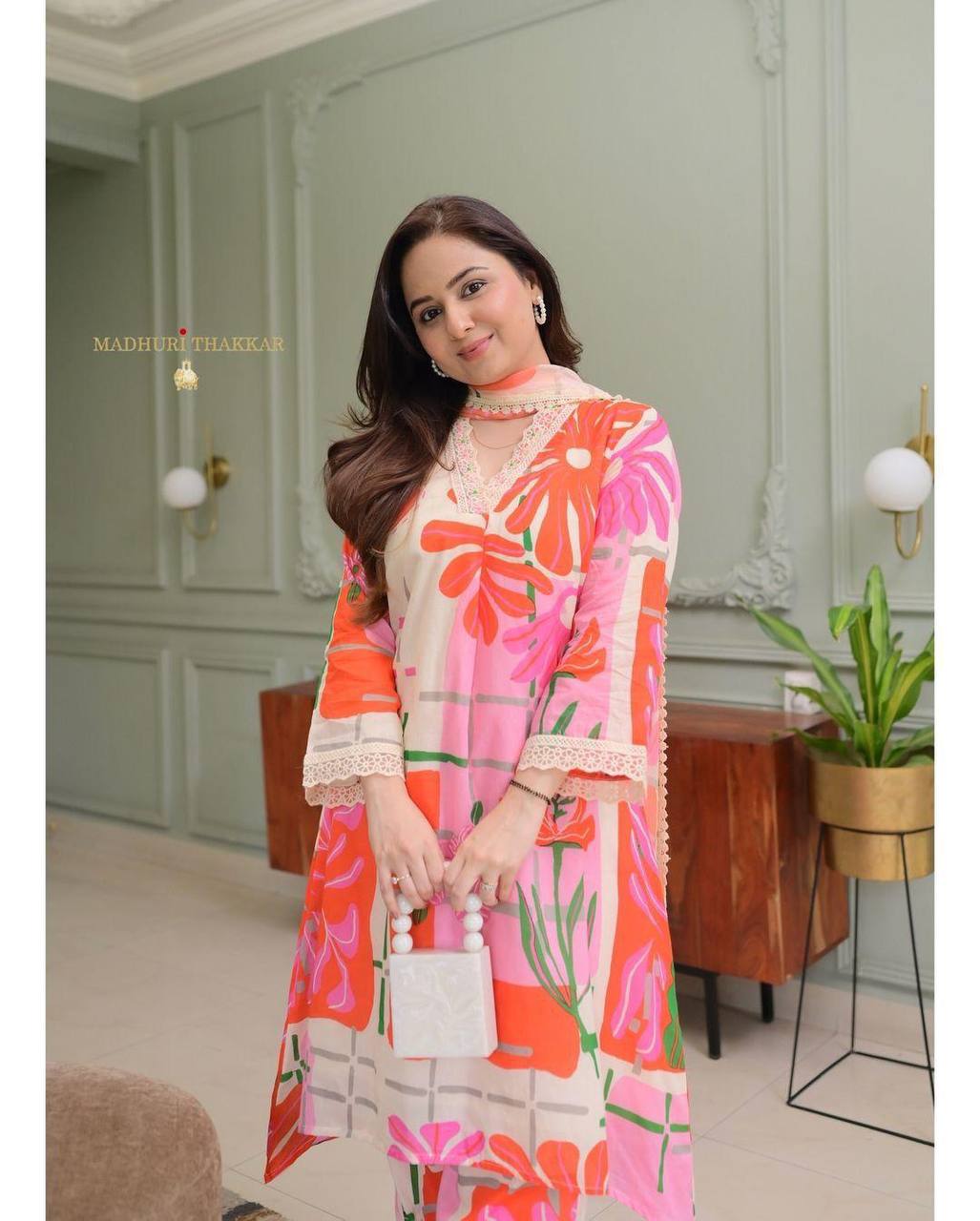 Elegant Abstract Floral Cotton A-Line Kurta Set