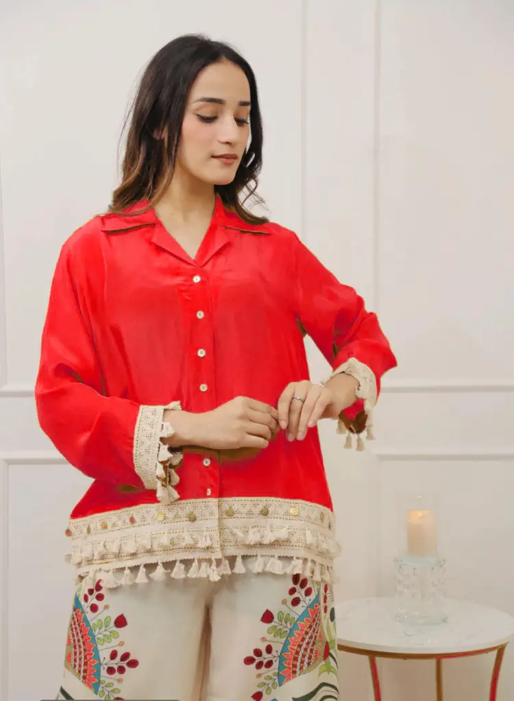 Tassel Shirt & Embroidered Pants Set 