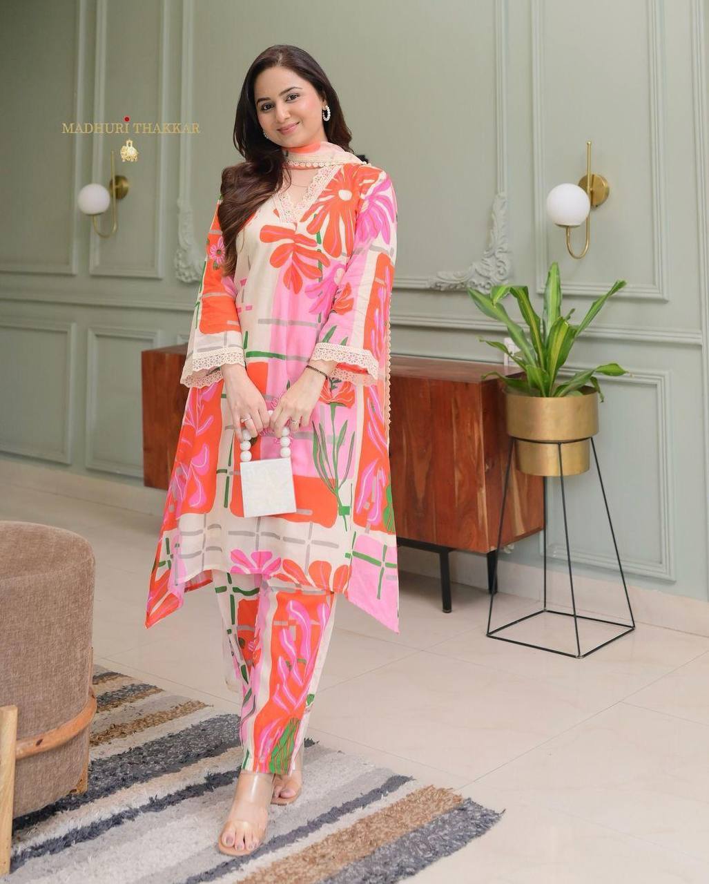 Elegant Abstract Floral Cotton A-Line Kurta Set