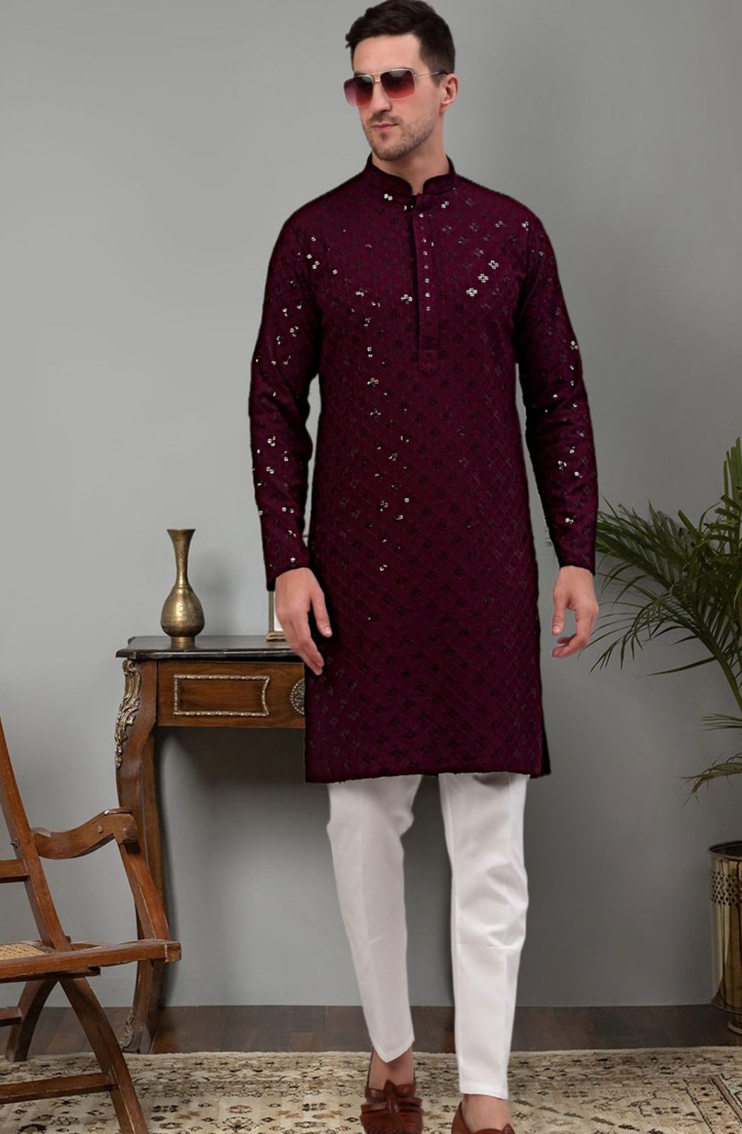 Embroidered mandarin collar regular sequinned detailed kurta with pyjamas