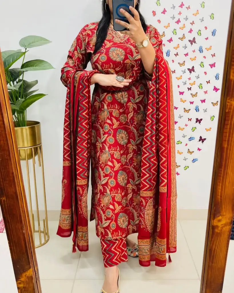  Red Floral Printed Cotton Suit Set