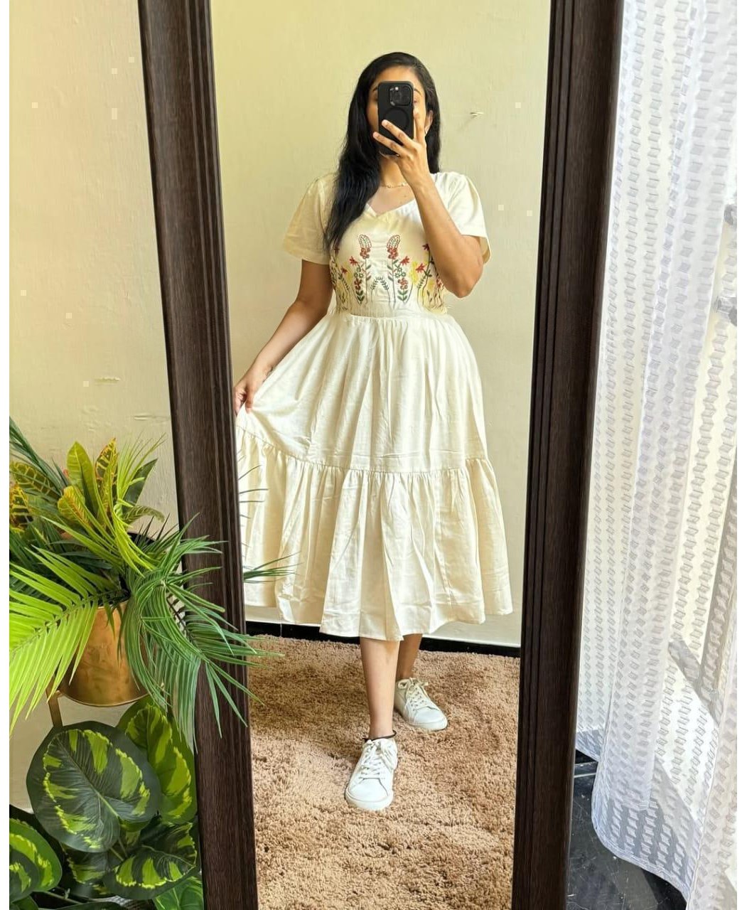 Embroidered Cotton Midi Dress with Floral Design
