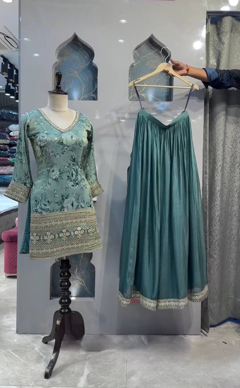 Designer Chinon Silk Top Sharara Dupatta Set