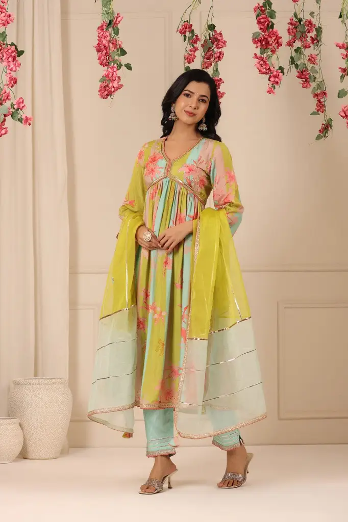 Multicolour Muslin Alia Cut Suit Set 