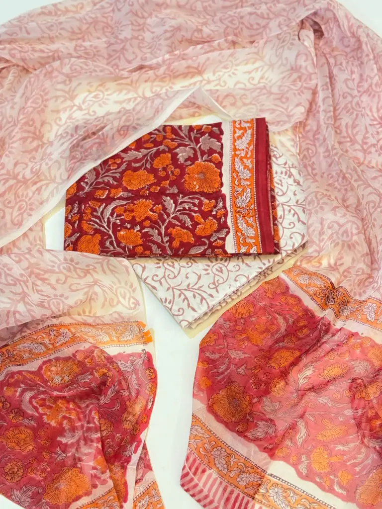  Maroon & Orange Floral Handcrafted Cotton suit Set