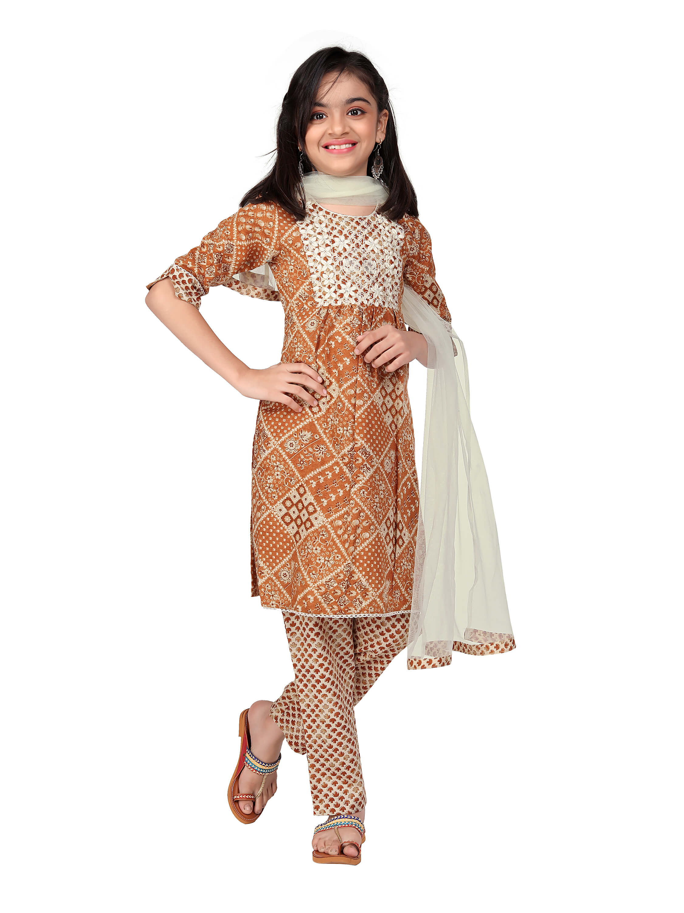 Girls Embrodrery Kurta with Bottom Dupatta set