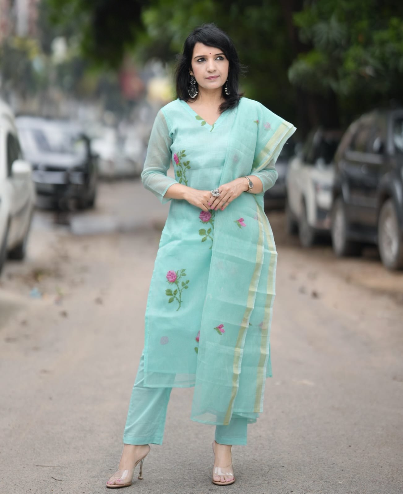 Aqua Blue Organza Kurta Set with Floral Embroidery