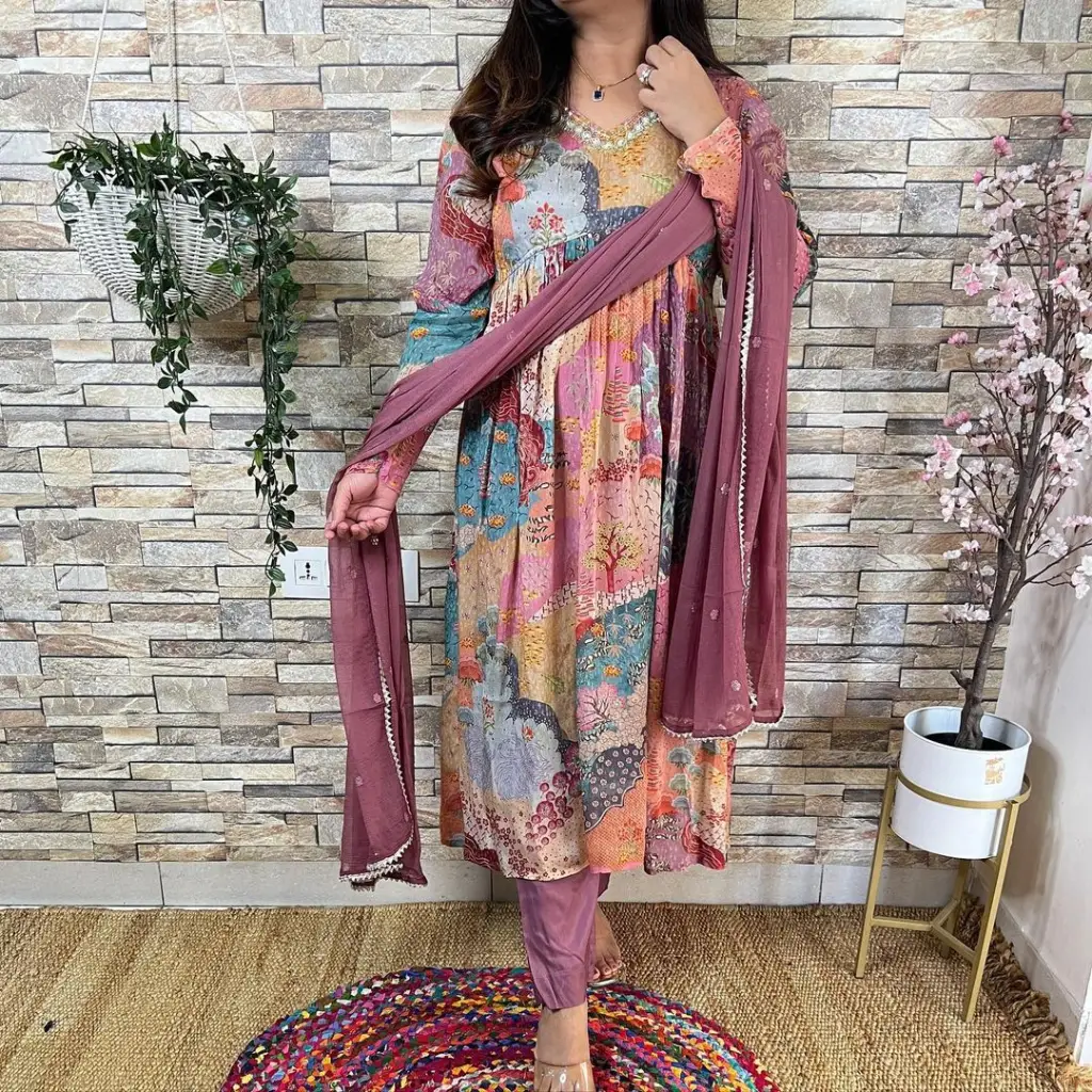 Multicolour Muslin Alia Cut Suit Set 