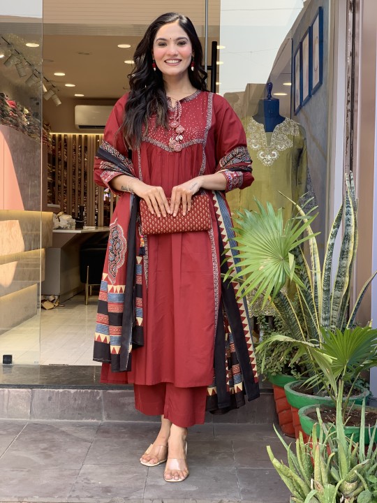 Red Embroidered Anarkali  Kurti Palazzo Set