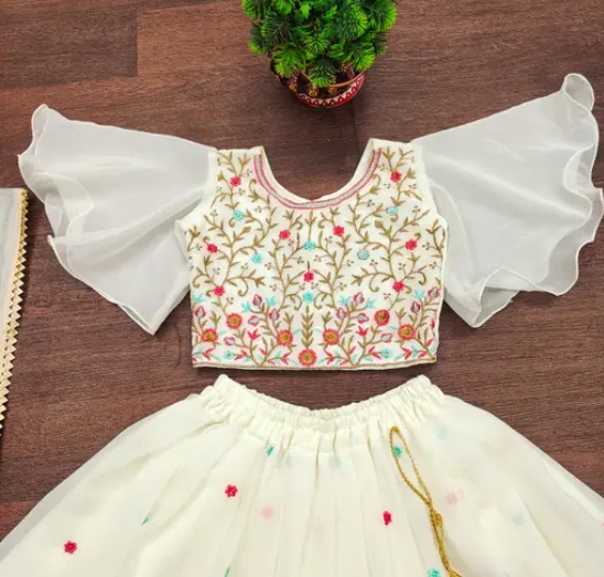 Cream Floral Embroidered Lehenga Choli Set for Girls