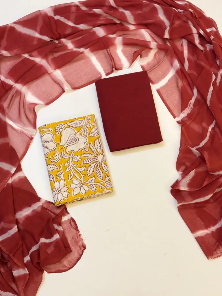 Maroon & Yellow Floral Handcrafted Cotton  suit set 
