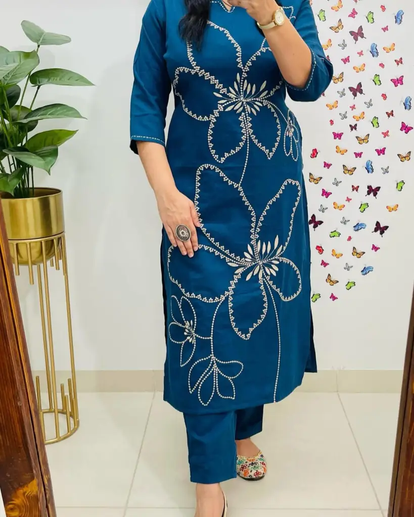 Rose Bloom Cotton Embroidered Kurti Pant Set