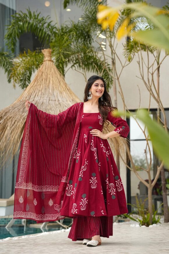 Red Blossom Block Print Anarkali Suit Set