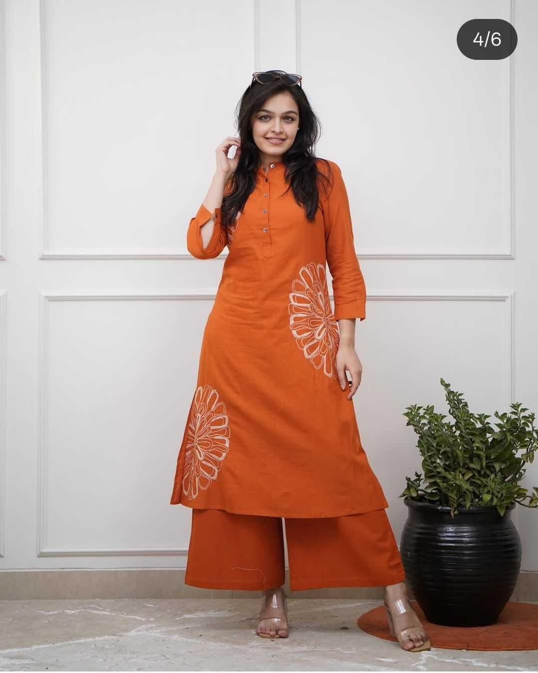 Chic Orange and Black Kurta Palazzo Set with Embroidery