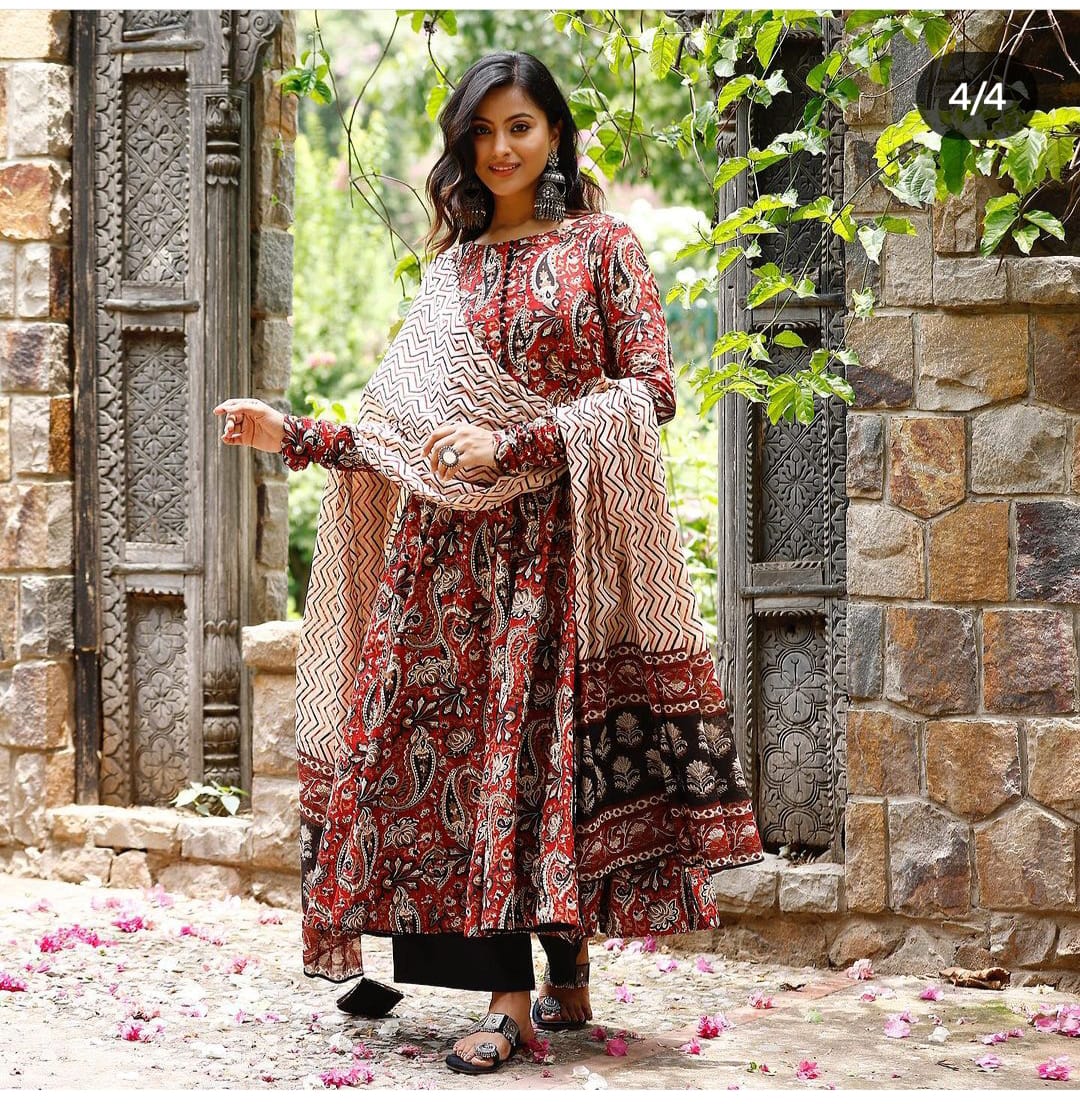Traditional Red Anarkali with Chevron Dupatta