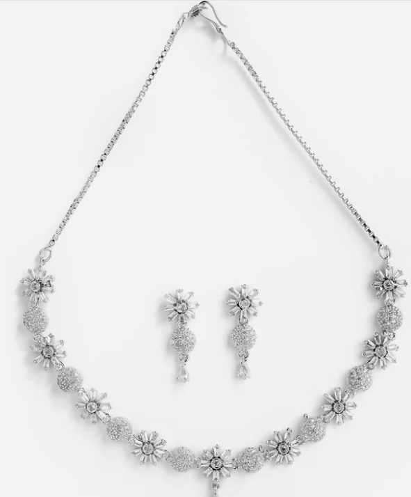 SILVER PLATED FLORAL AMERICAN DIAMOND NECKLACE SET FOR WOMEN