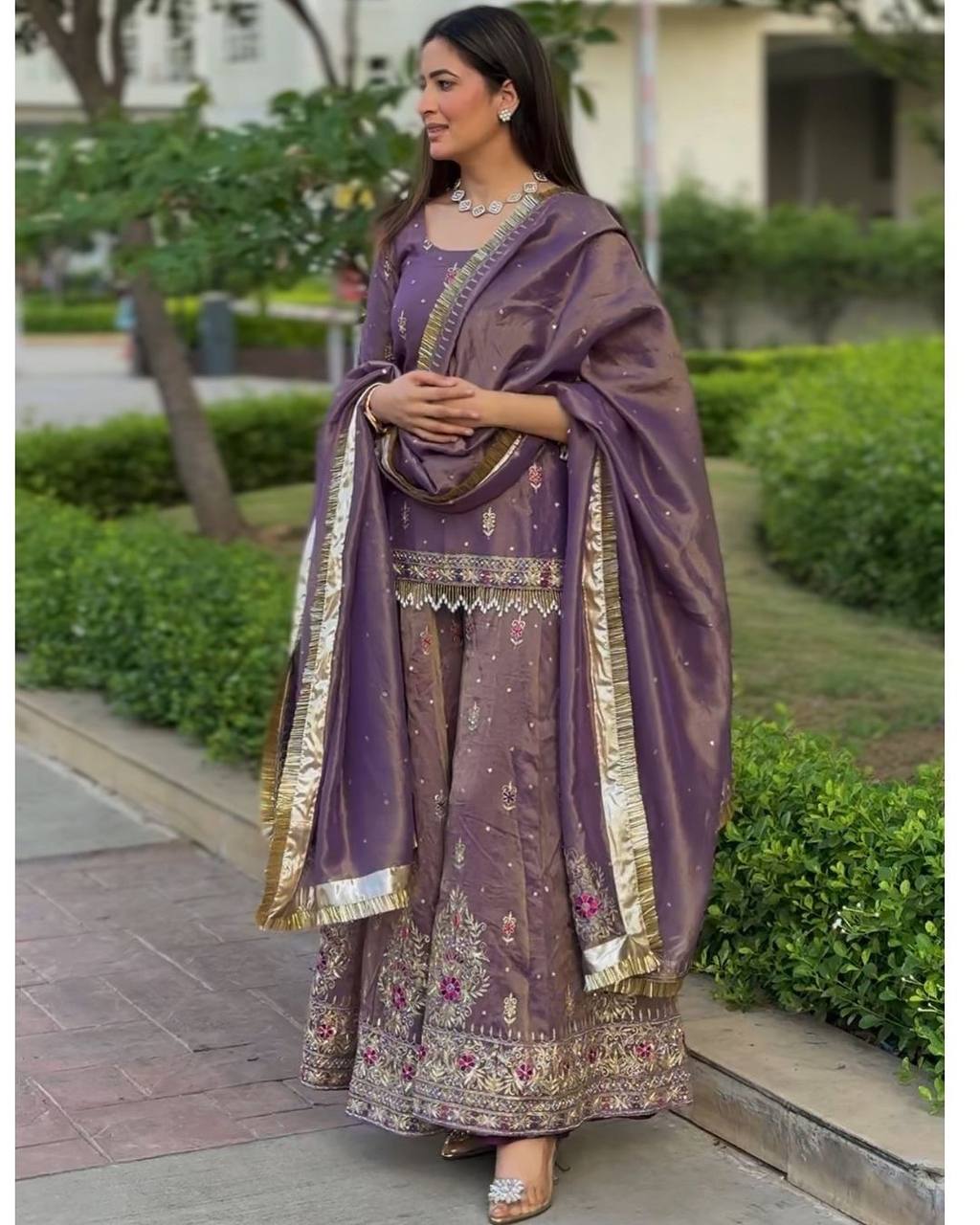  Pur Twil Gold Net Top, Plazzo & Dupatta Set.