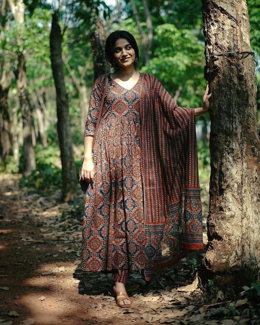 Rust & Indigo Cotton Anarkali Set with Ajrakh Print