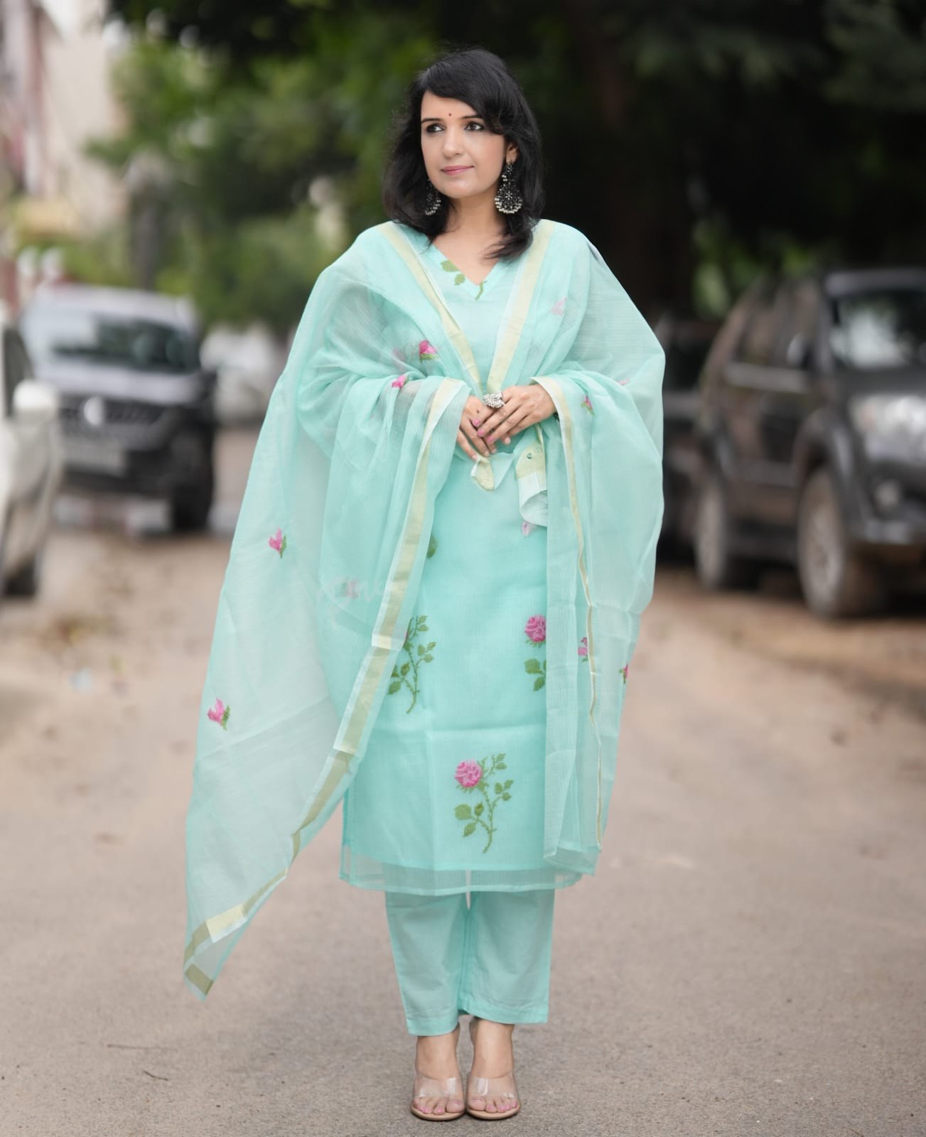 Aqua Blue Organza Kurta Set with Floral Embroidery