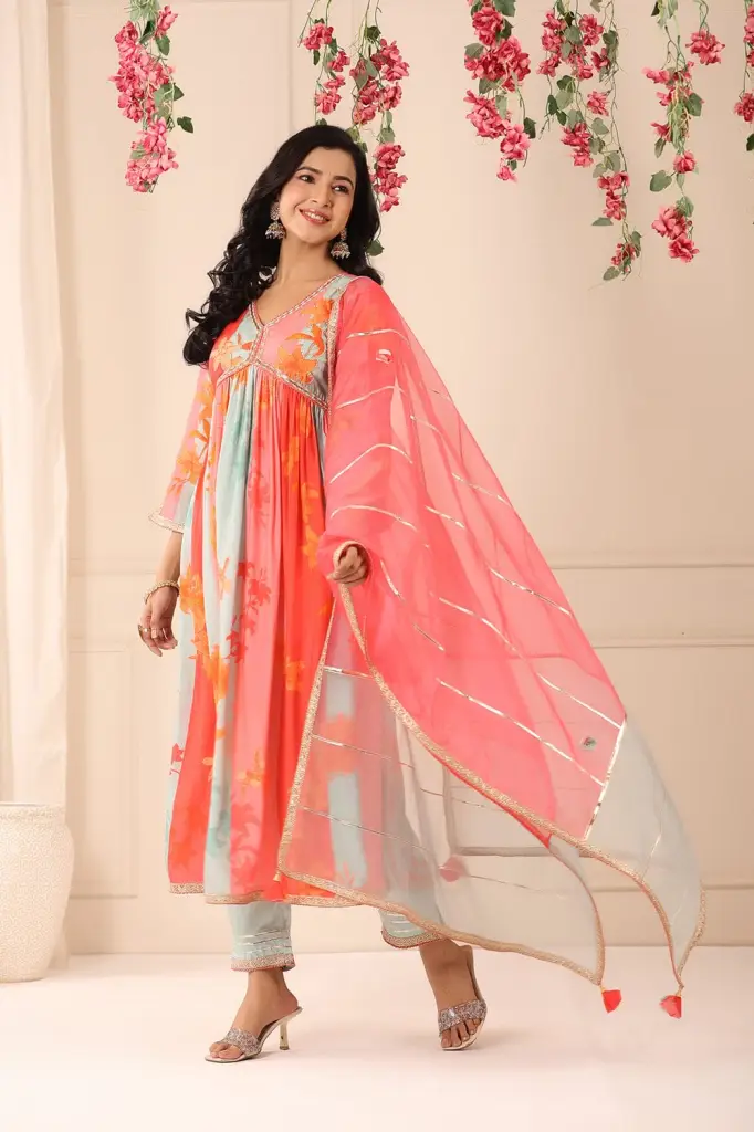 Multicolour Muslin Alia Cut Suit Set 