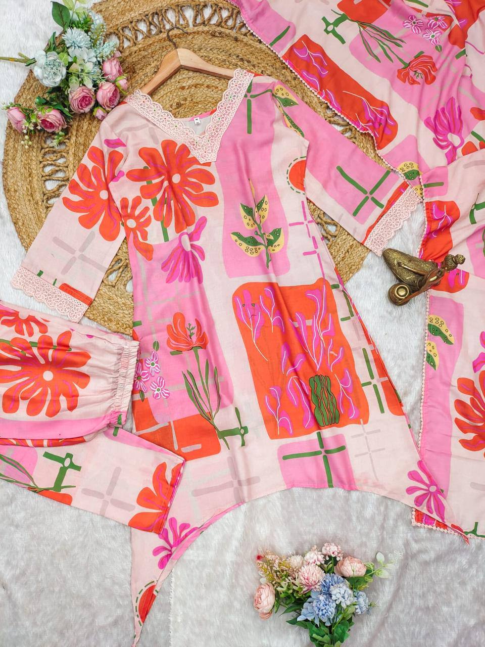 Elegant Abstract Floral Cotton A-Line Kurta Set