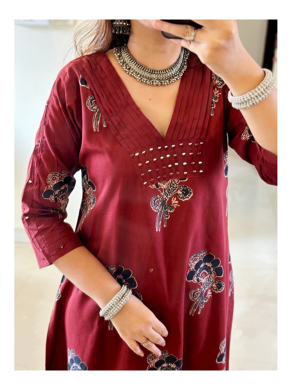 Maroon Handblock Kurta Set with Printed Dupatta