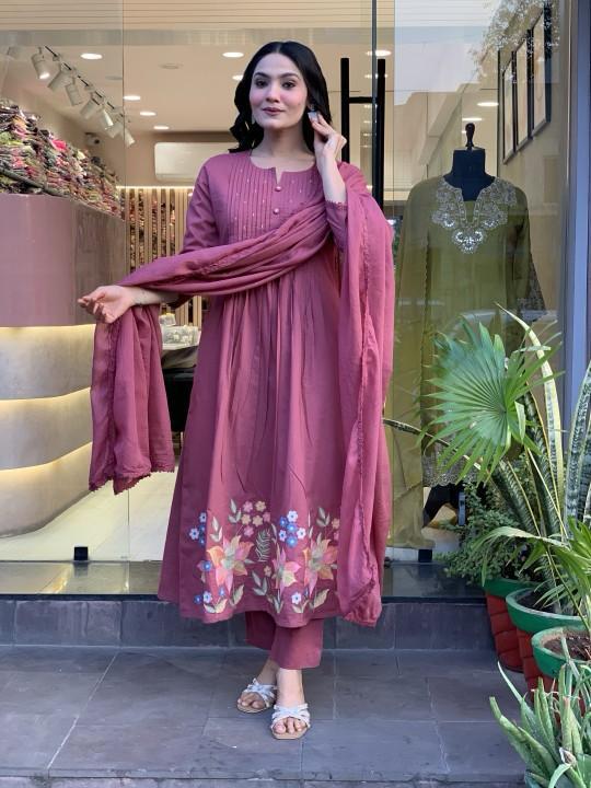 Dusty Rose Floral Embroidered Anarkali Kurta Set