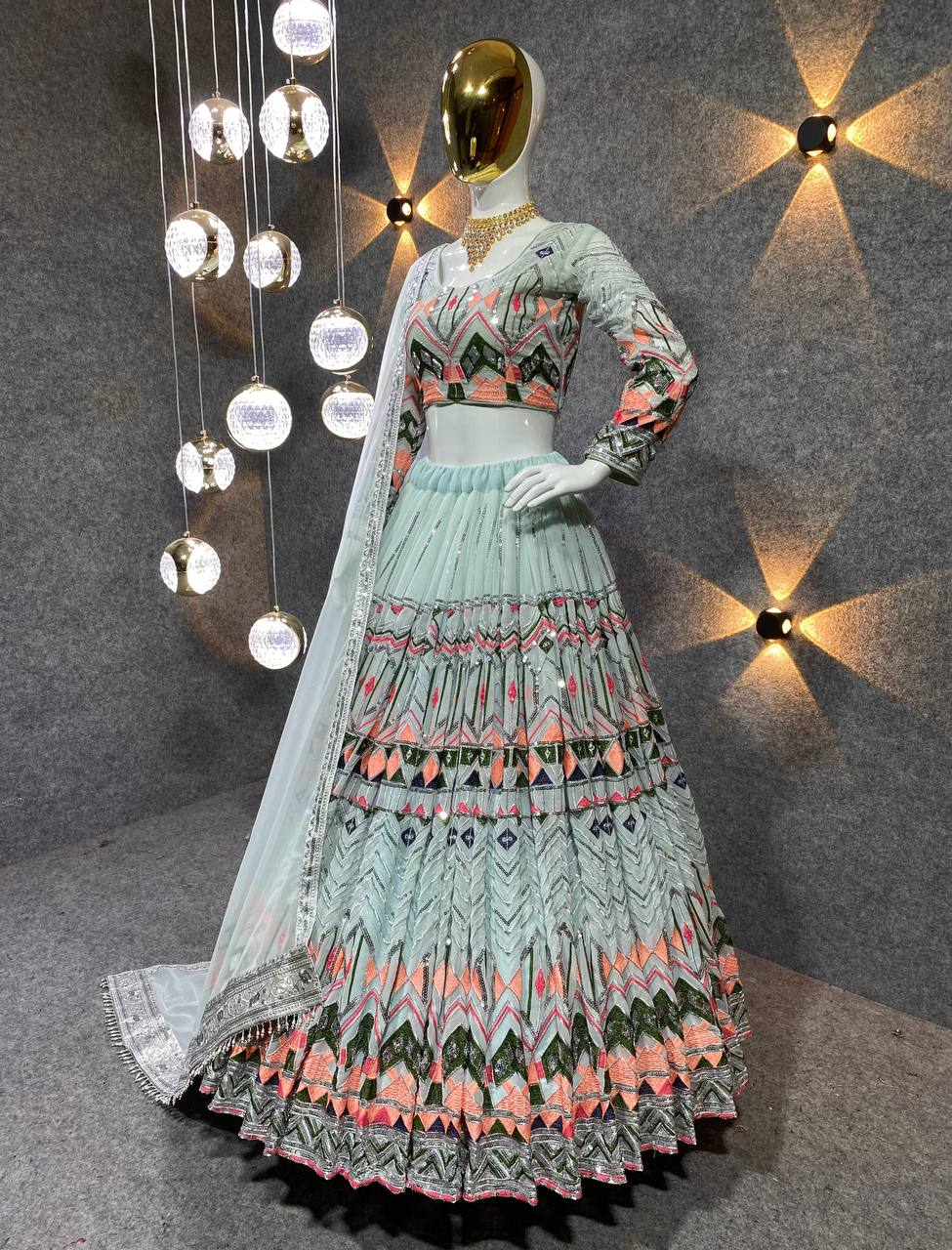 Stunning Faux Georgette Embroidered Lehenga Set