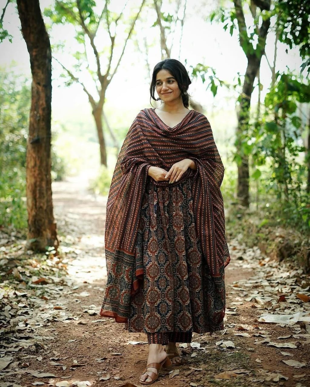 Rust & Indigo Cotton Anarkali Set with Ajrakh Print