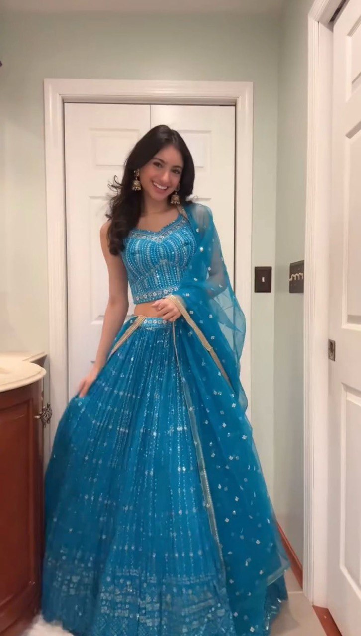 Faux Georgette SequinsEmbroidered Work Lehenga Choli Set
