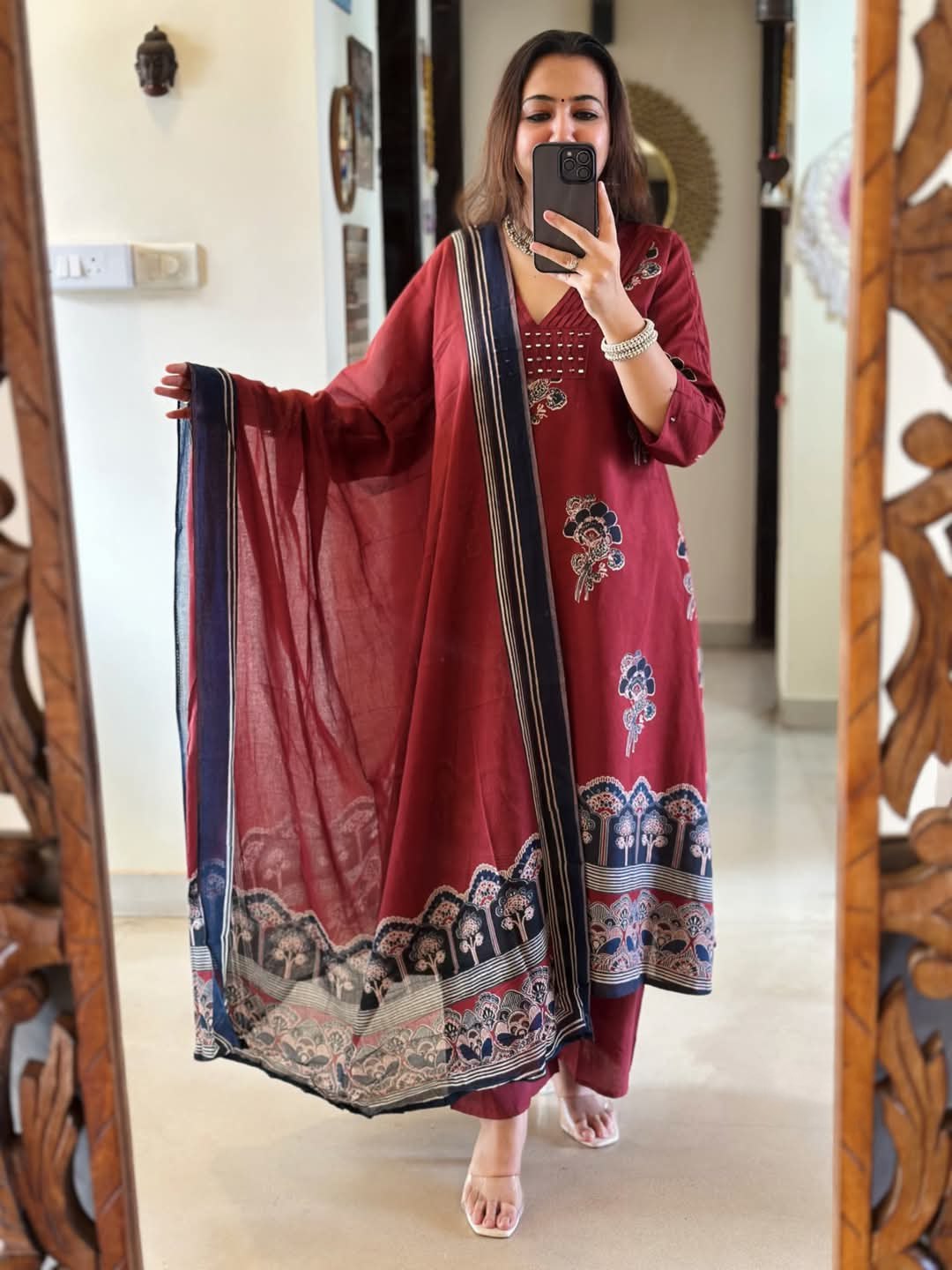 Maroon Handblock Kurta Set with Printed Dupatta
