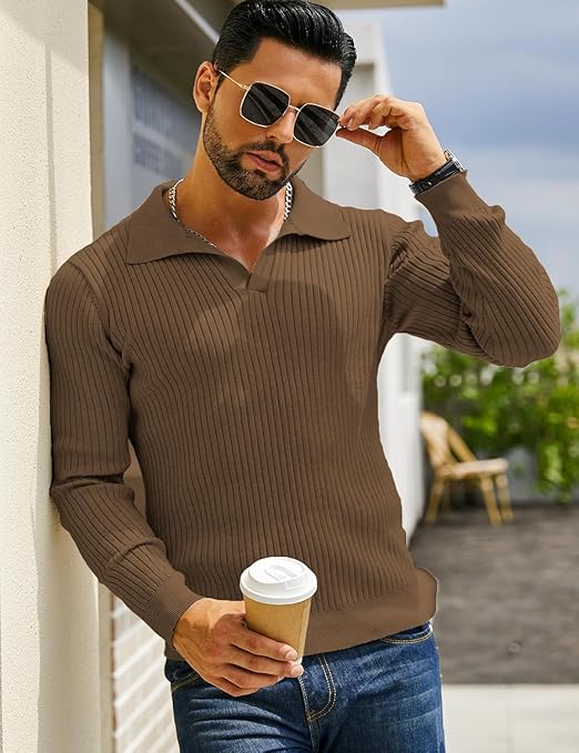 Men’s Ribbed Knit Beige Long Sleeve Polo Sweater 
