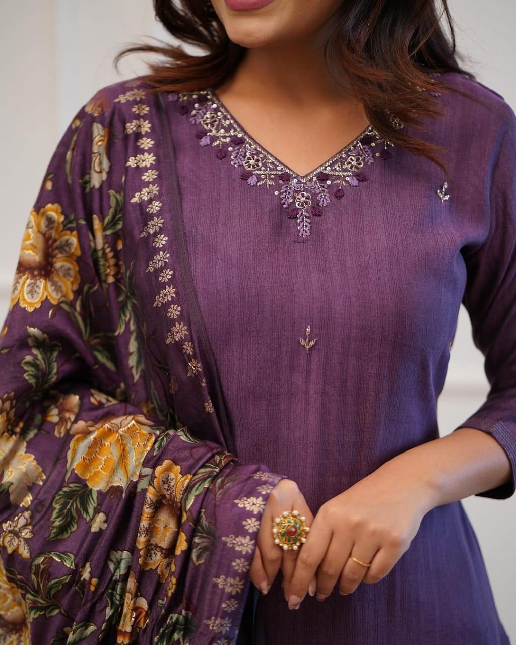 Purple Floral Embroidered Kurti Set with Printed Dupatta