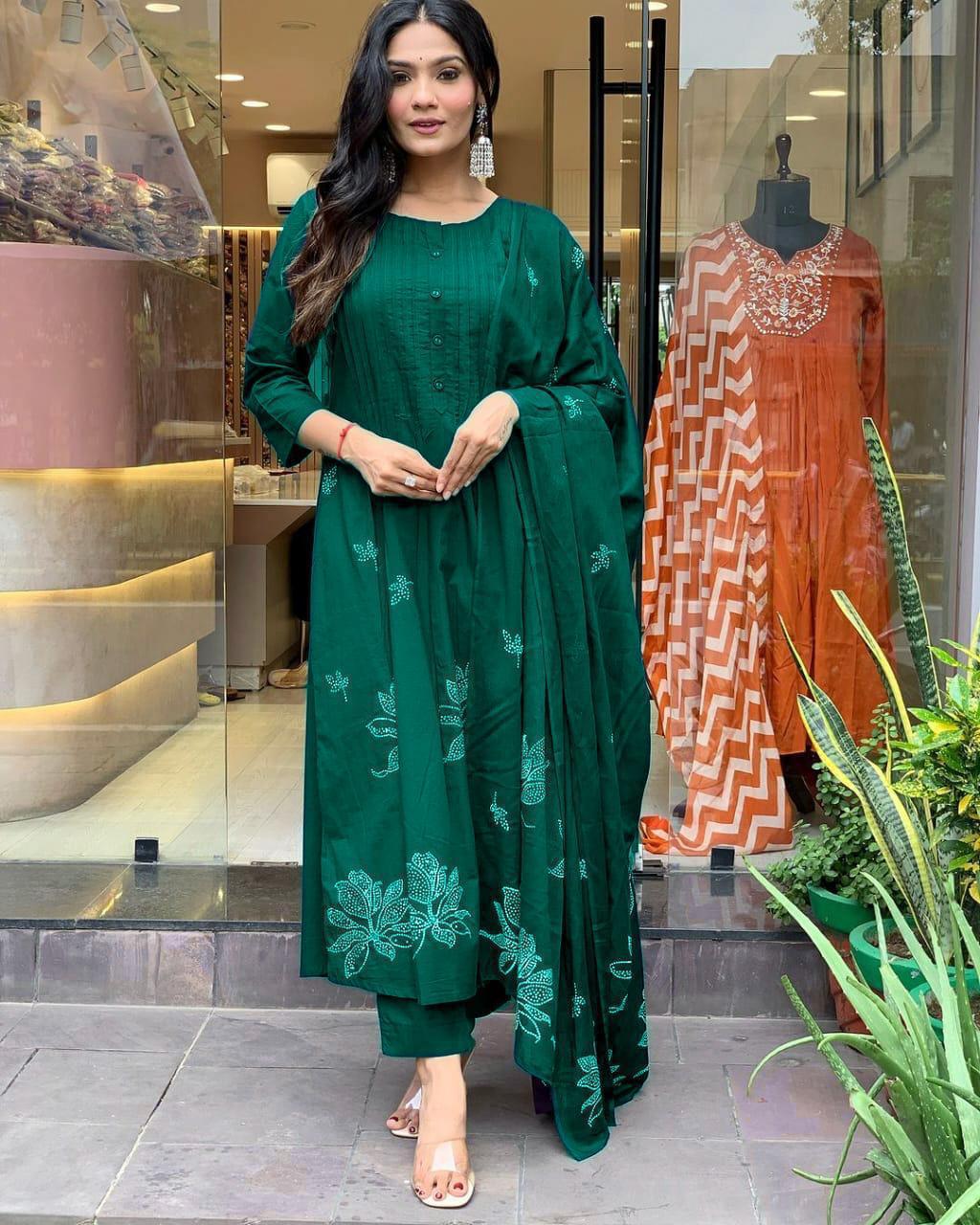 Emerald Green Floral Printed Cotton Kurta Set