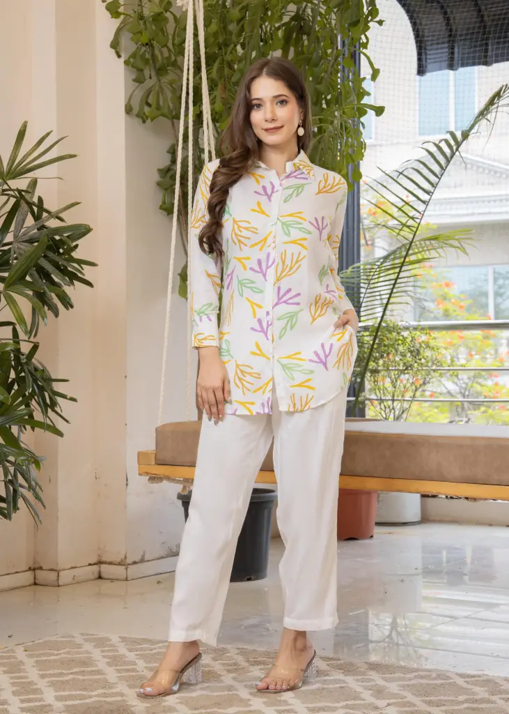 Heavy Rayon Silk Coord Set with Shirt Style Top