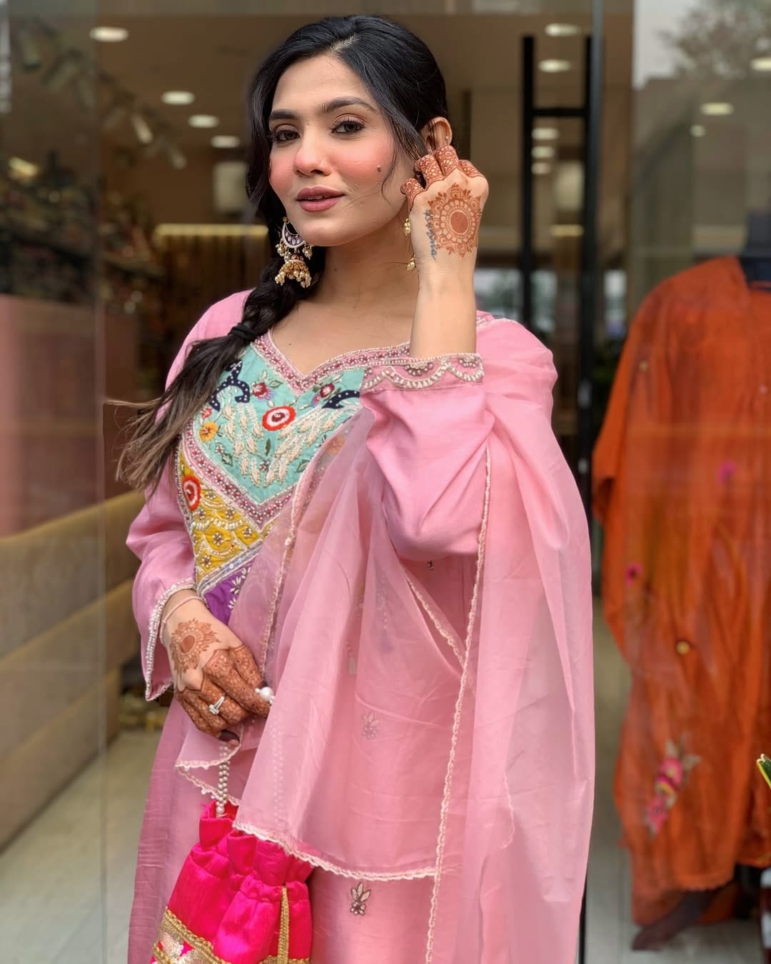 Embroidered Pink Festive Cotton Suit Set