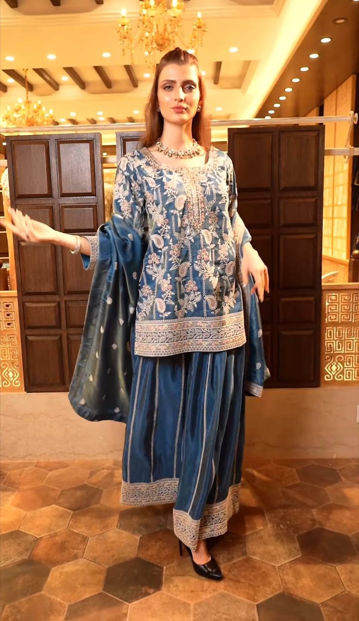 Elegant Heavy Chinnon Silk Embroidered  Sharara Suit Set
