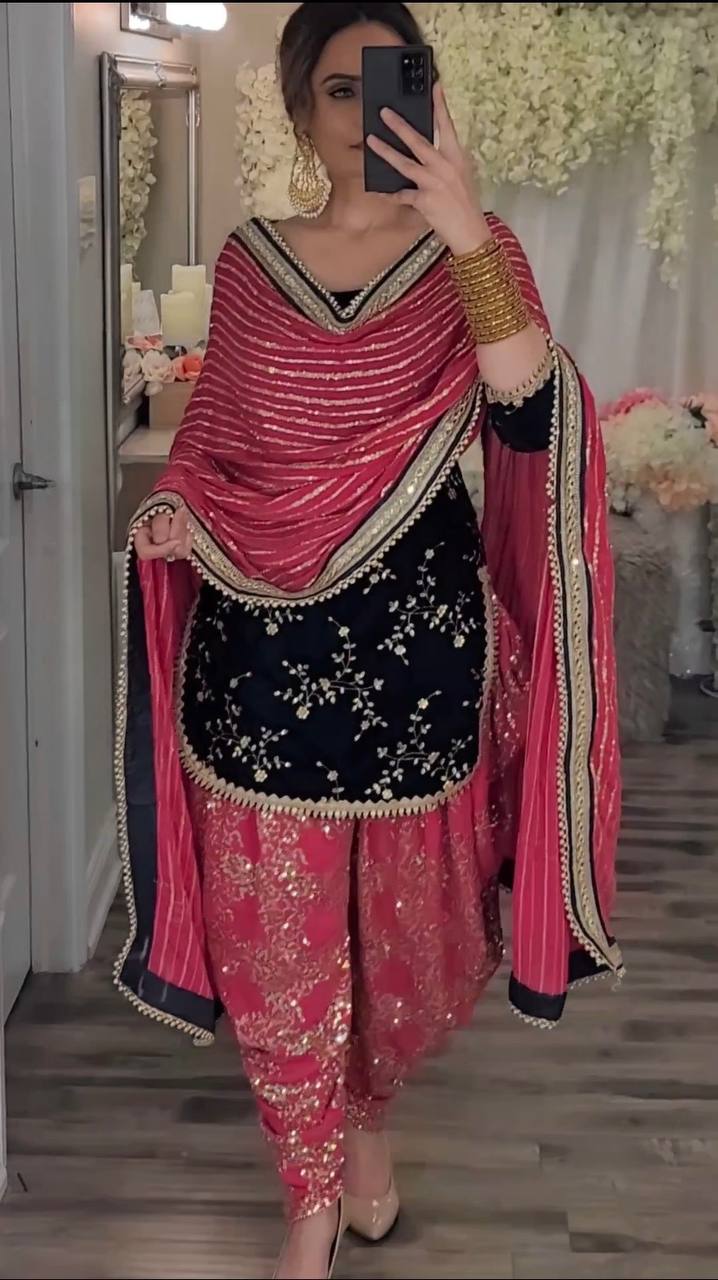 Viscose Velvet & Faux Georgette Dhoti Salwar Set