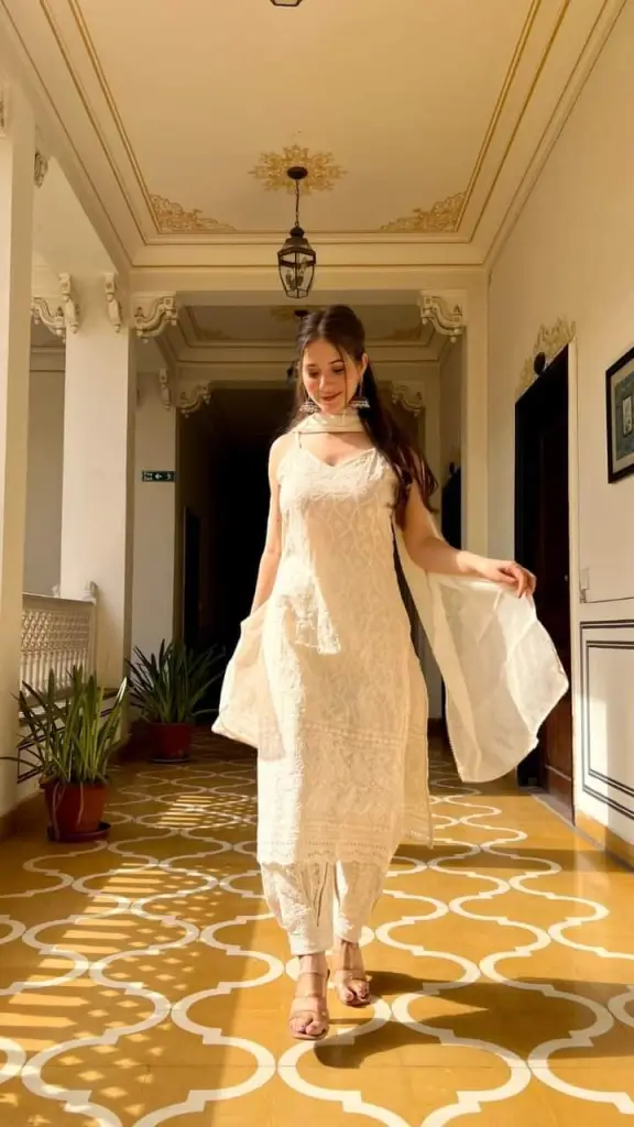 Noor White Chikankari Kurti with Pant Set