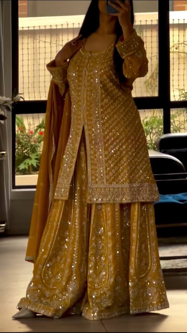 Faux Georgette Sharara Set, top, palazzo, and dupatta