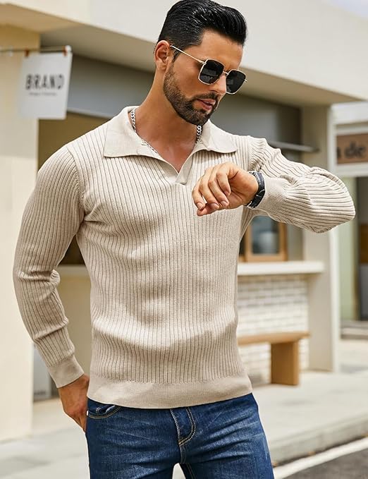 Men’s Ribbed Knit Beige Long Sleeve Polo Sweater 